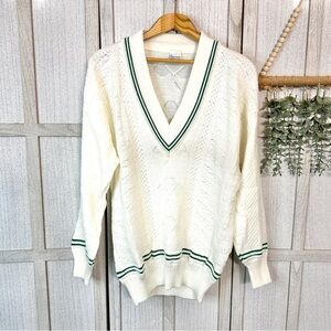 Vintage Cream V-Neck Sweater with Green Accents